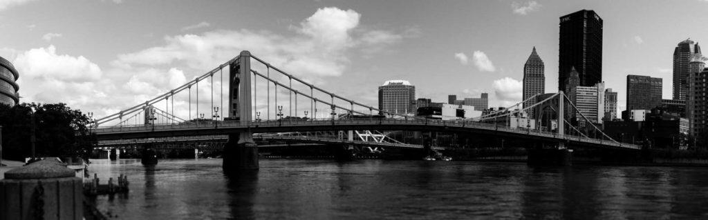 Downtown Pittsburgh Northshore Black and White Cityscape Buildings River Bridge Taylor Handy Photo