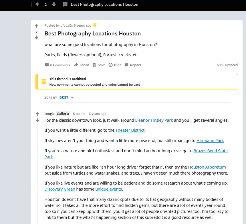 Reddit results when searching photography locations 