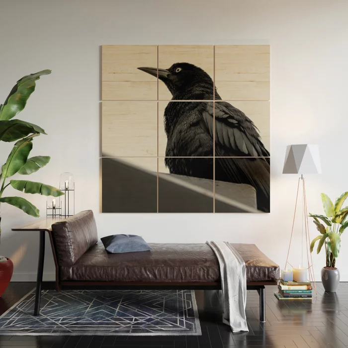 crow wooden print society6 black and white photography